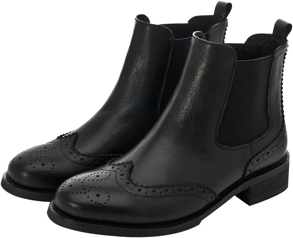 rismart Women's Brogue Wingtip Ankle High Slip on Comfort Genuine Leather Chelsea Boots