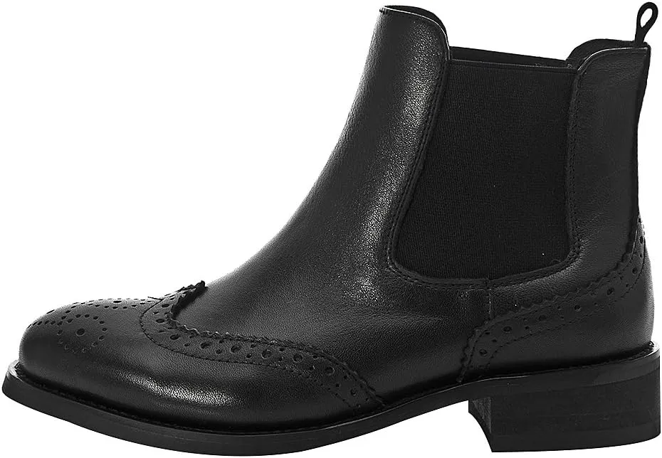 rismart Women's Brogue Wingtip Ankle High Slip on Comfort Genuine Leather Chelsea Boots