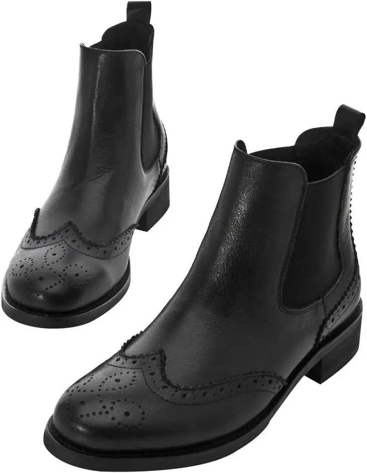 rismart Women's Brogue Wingtip Ankle High Slip on Comfort Genuine Leather Chelsea Boots