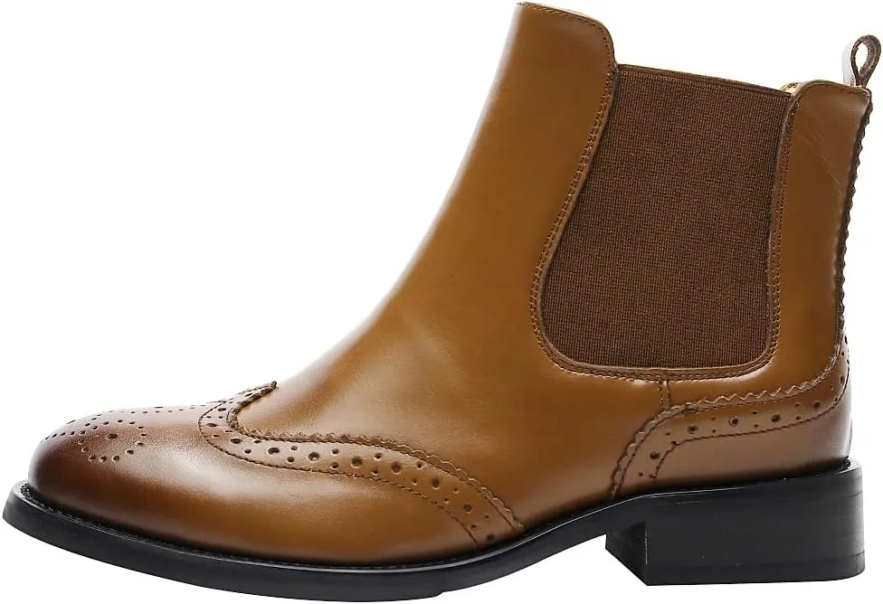 rismart Women's Brogue Wingtip Ankle High Slip on Comfort Genuine Leather Chelsea Boots