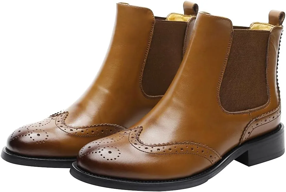 rismart Women's Brogue Wingtip Ankle High Slip on Comfort Genuine Leather Chelsea Boots