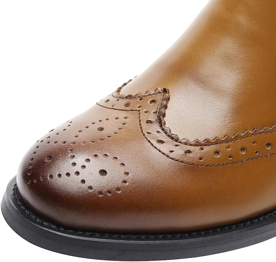 rismart Women's Brogue Wingtip Ankle High Slip on Comfort Genuine Leather Chelsea Boots
