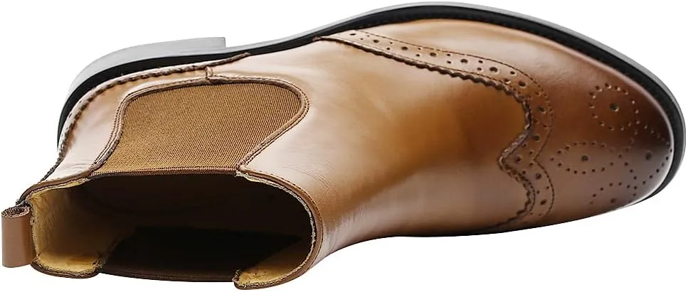 rismart Women's Brogue Wingtip Ankle High Slip on Comfort Genuine Leather Chelsea Boots