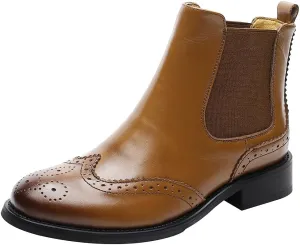 rismart Women's Brogue Wingtip Ankle High Slip on Comfort Genuine Leather Chelsea Boots