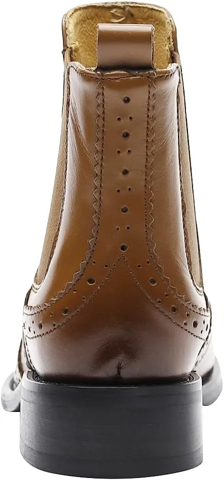 rismart Women's Brogue Wingtip Ankle High Slip on Comfort Genuine Leather Chelsea Boots