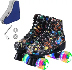 Roller Skates for Men and Women, Black Derby Roller Skates with 4 Shiny Wheel, Classic Double-Row Roller Skates for Indoor and Outdoor