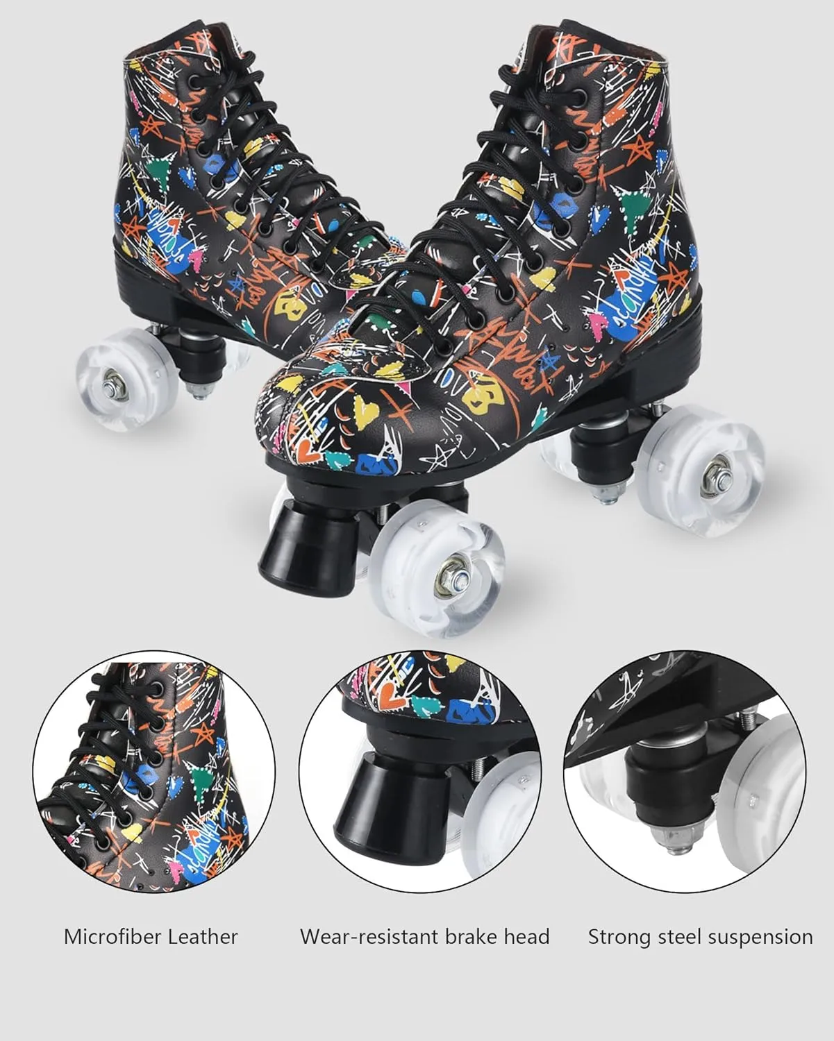 Roller Skates for Men and Women, Black Derby Roller Skates with 4 Shiny Wheel, Classic Double-Row Roller Skates for Indoor and Outdoor