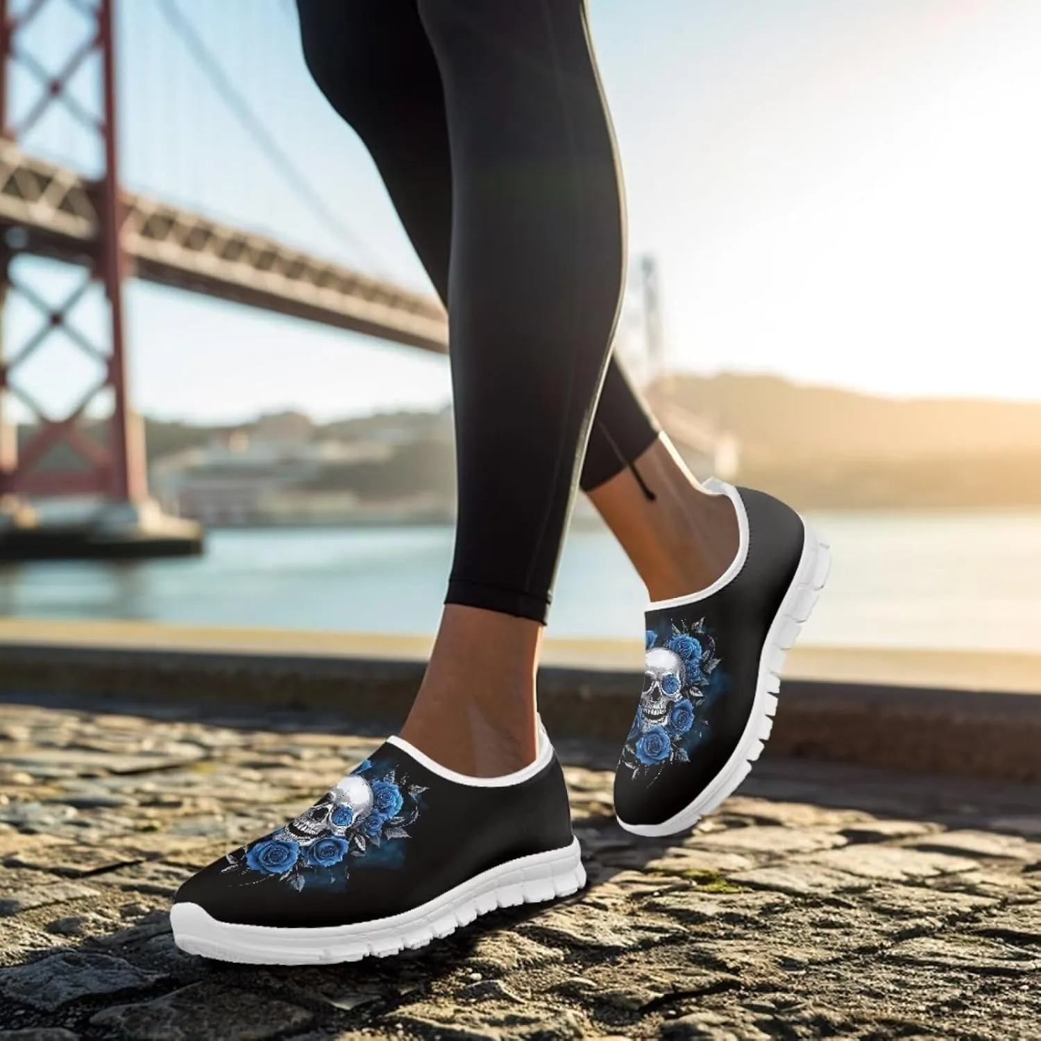 Rose Skull Print Women's Loafers Slip On Slip Shoe Casual Walking Shoes Non Slip Work Shoes Mesh Athletic Sneakers