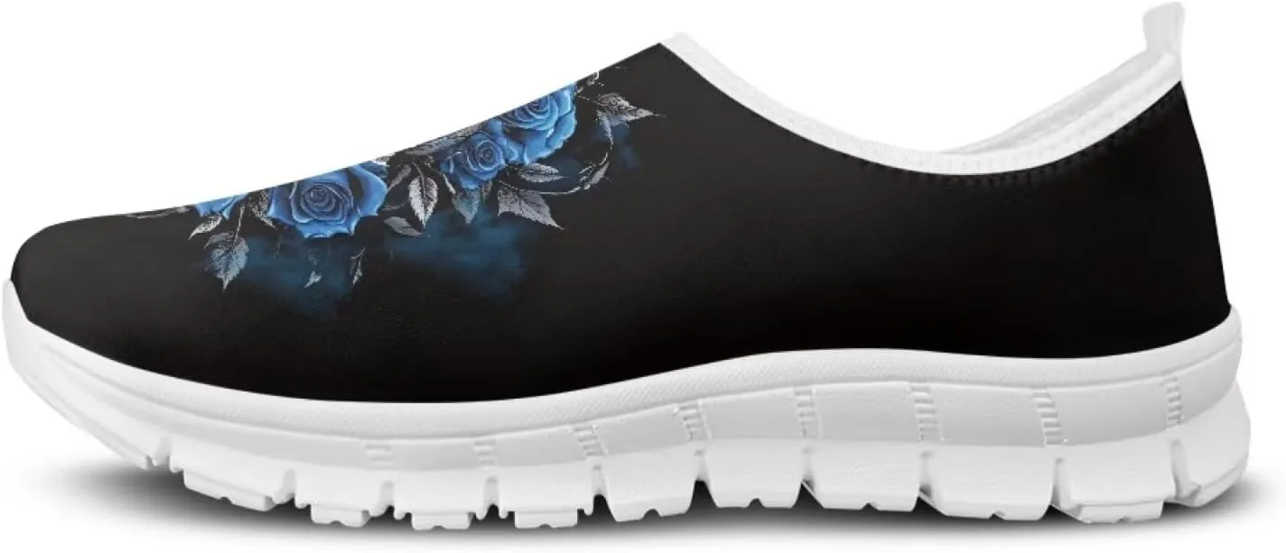 Rose Skull Print Women's Loafers Slip On Slip Shoe Casual Walking Shoes Non Slip Work Shoes Mesh Athletic Sneakers