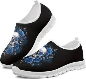 Rose Skull Print Women's Loafers Slip On Slip Shoe Casual Walking Shoes Non Slip Work Shoes Mesh Athletic Sneakers