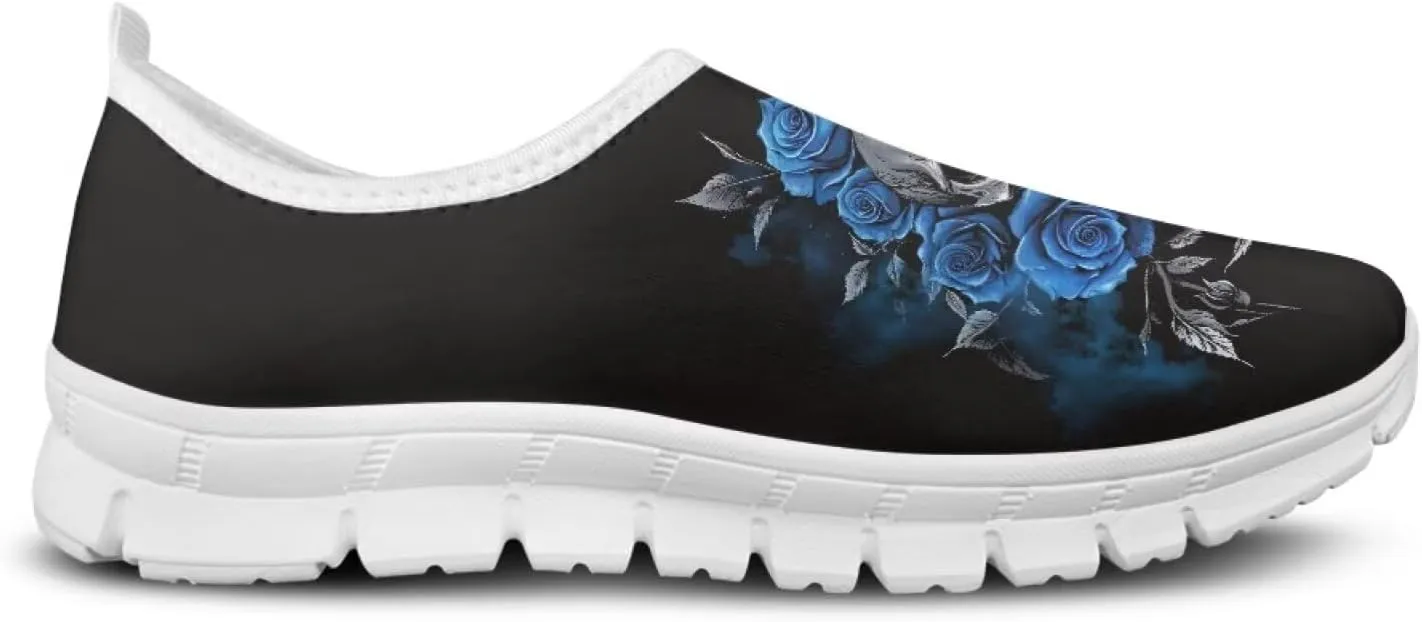 Rose Skull Print Women's Loafers Slip On Slip Shoe Casual Walking Shoes Non Slip Work Shoes Mesh Athletic Sneakers