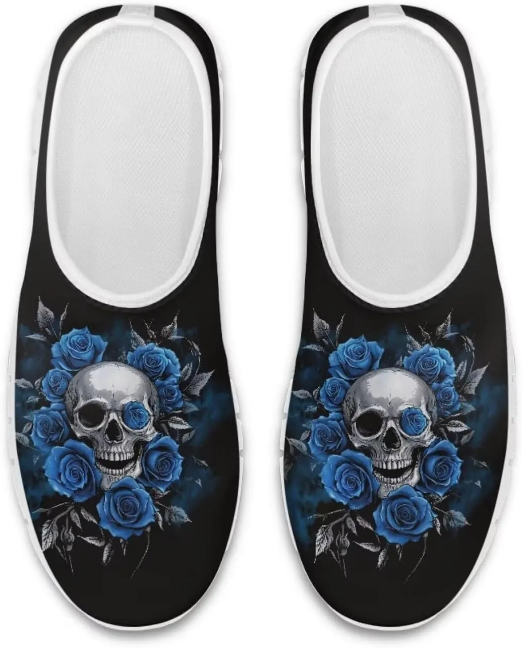 Rose Skull Print Women's Loafers Slip On Slip Shoe Casual Walking Shoes Non Slip Work Shoes Mesh Athletic Sneakers