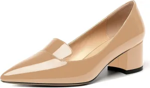 ROSERWISH Womens Slip On Pointed Toe Work Formal Office Patent Chunky Low Heel Pumps Dress Shoes 2 Inch
