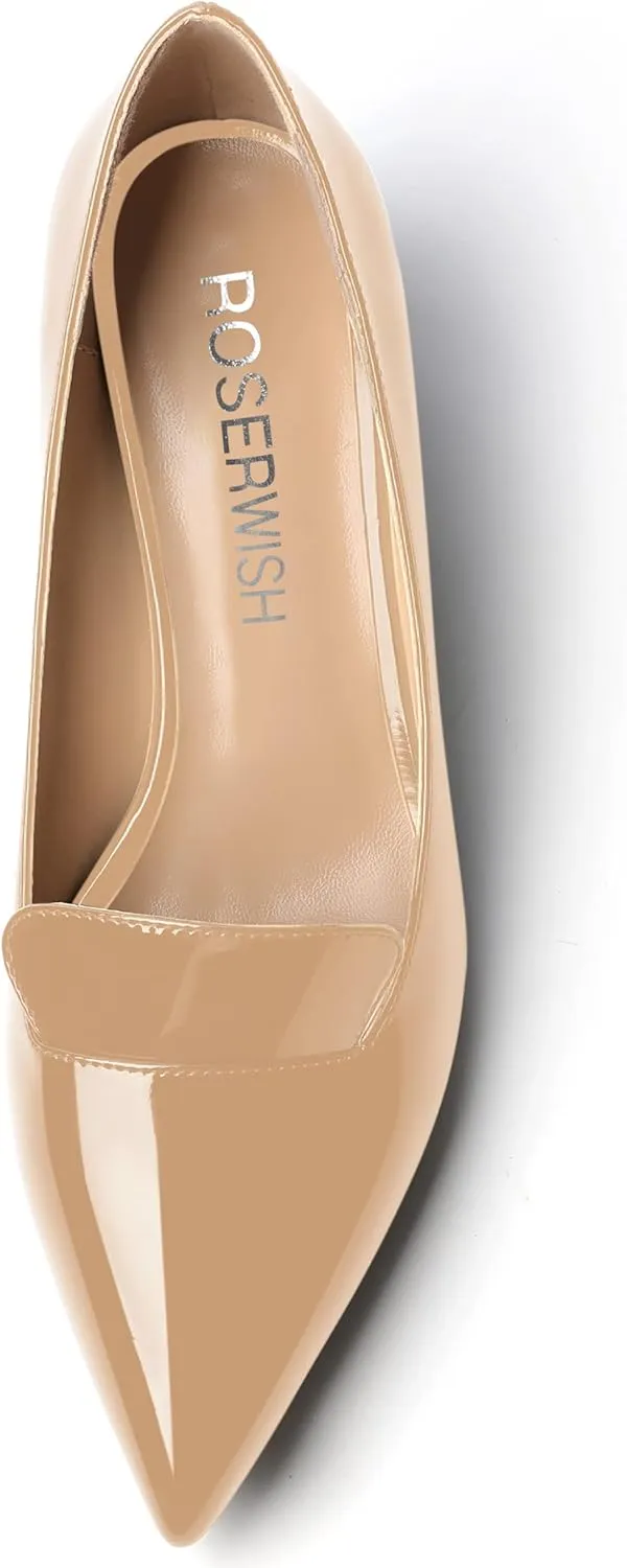 ROSERWISH Womens Slip On Pointed Toe Work Formal Office Patent Chunky Low Heel Pumps Dress Shoes 2 Inch