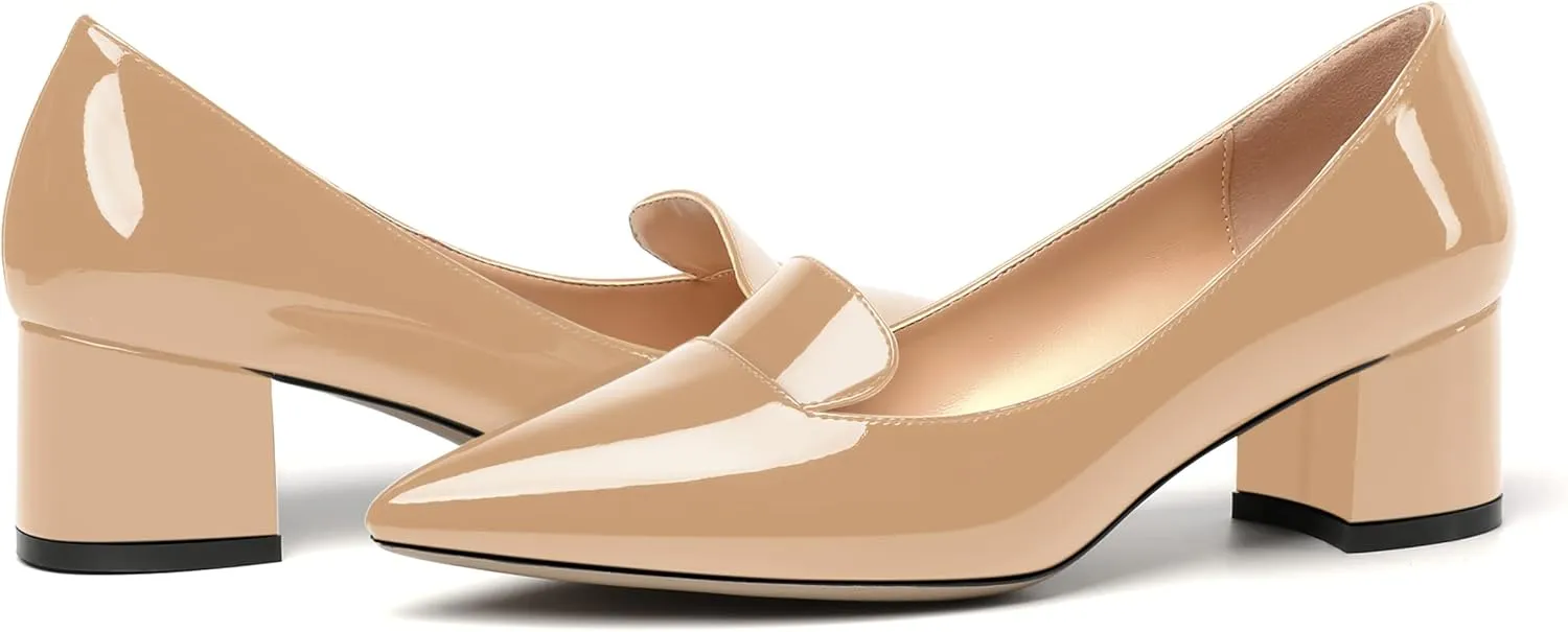 ROSERWISH Womens Slip On Pointed Toe Work Formal Office Patent Chunky Low Heel Pumps Dress Shoes 2 Inch