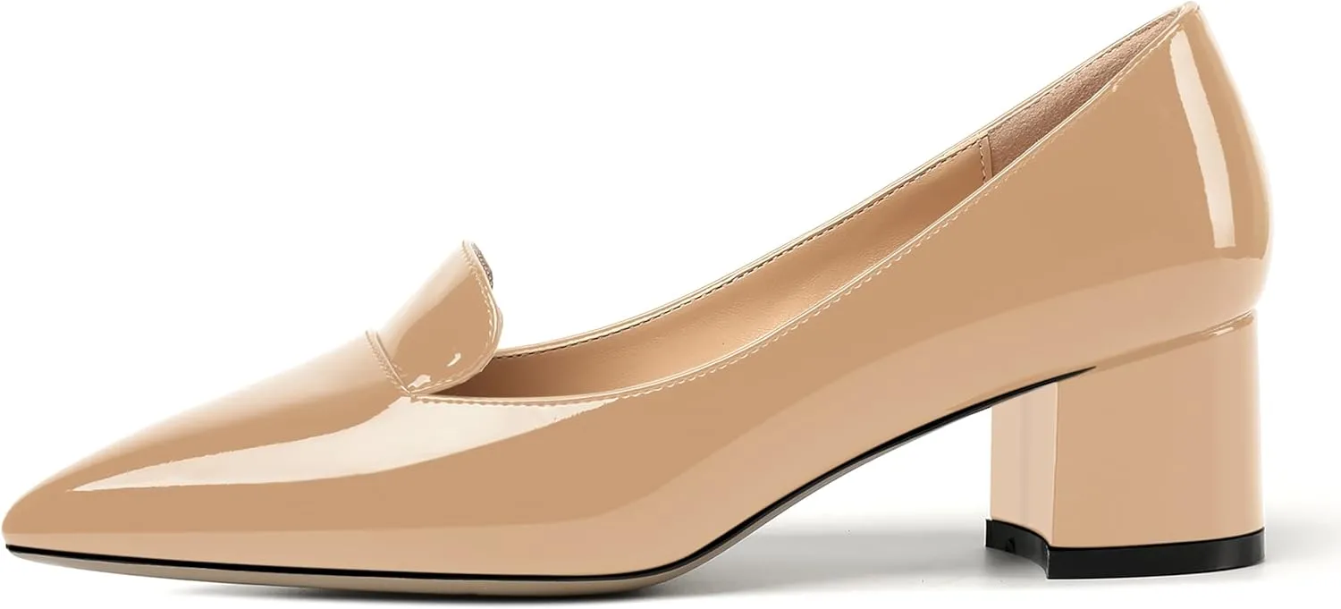 ROSERWISH Womens Slip On Pointed Toe Work Formal Office Patent Chunky Low Heel Pumps Dress Shoes 2 Inch