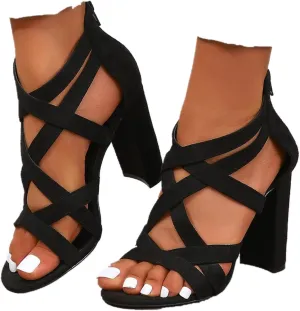 SACFOF Womens Ankle Strap Dress Pump High Chunky Heel Sandals Crisscross Back Zip Up Dress Party Shoes