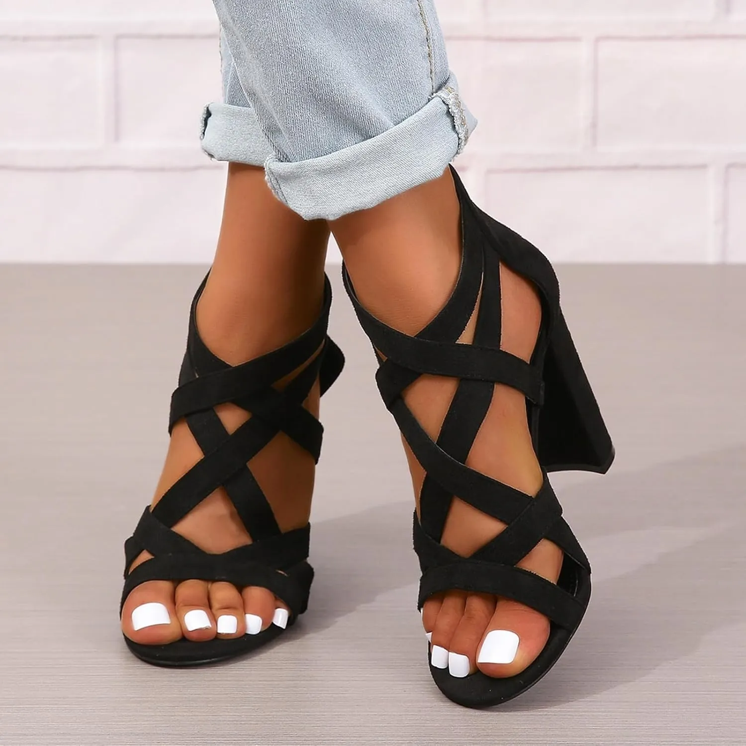 SACFOF Womens Ankle Strap Dress Pump High Chunky Heel Sandals Crisscross Back Zip Up Dress Party Shoes