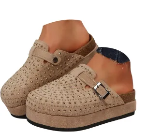 Sandals For Women 2025 Dressy Suede Cushion Slippers Closed Toe Buckle Platform Slides Flats For Indoor Summer Fall