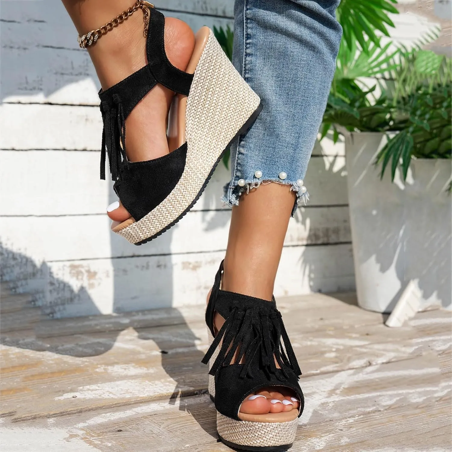 Sandals for Women 2025 Dressy Suede Tassel Wedge Sandals Women's Adjustable Back Strap High Heeled Wedges Heels