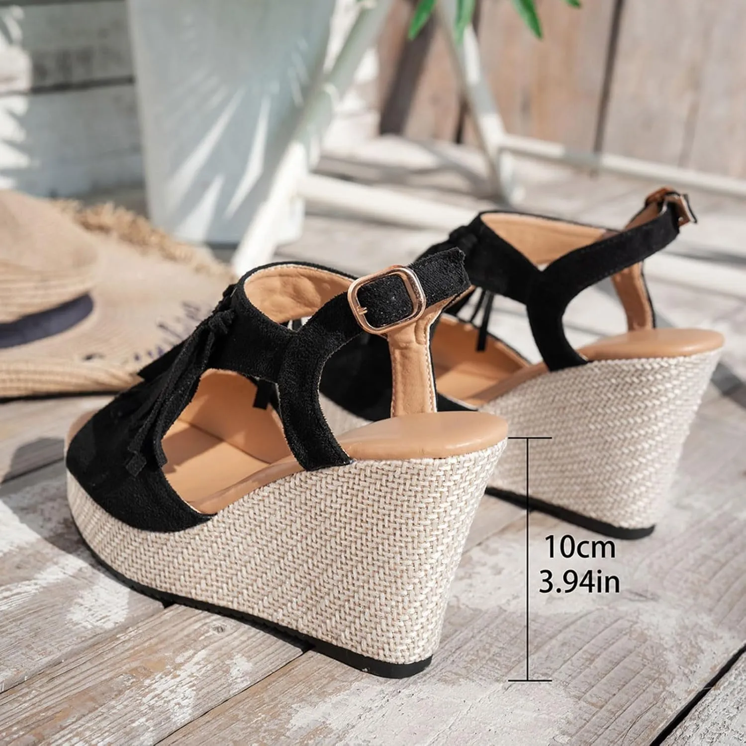 Sandals for Women 2025 Dressy Suede Tassel Wedge Sandals Women's Adjustable Back Strap High Heeled Wedges Heels