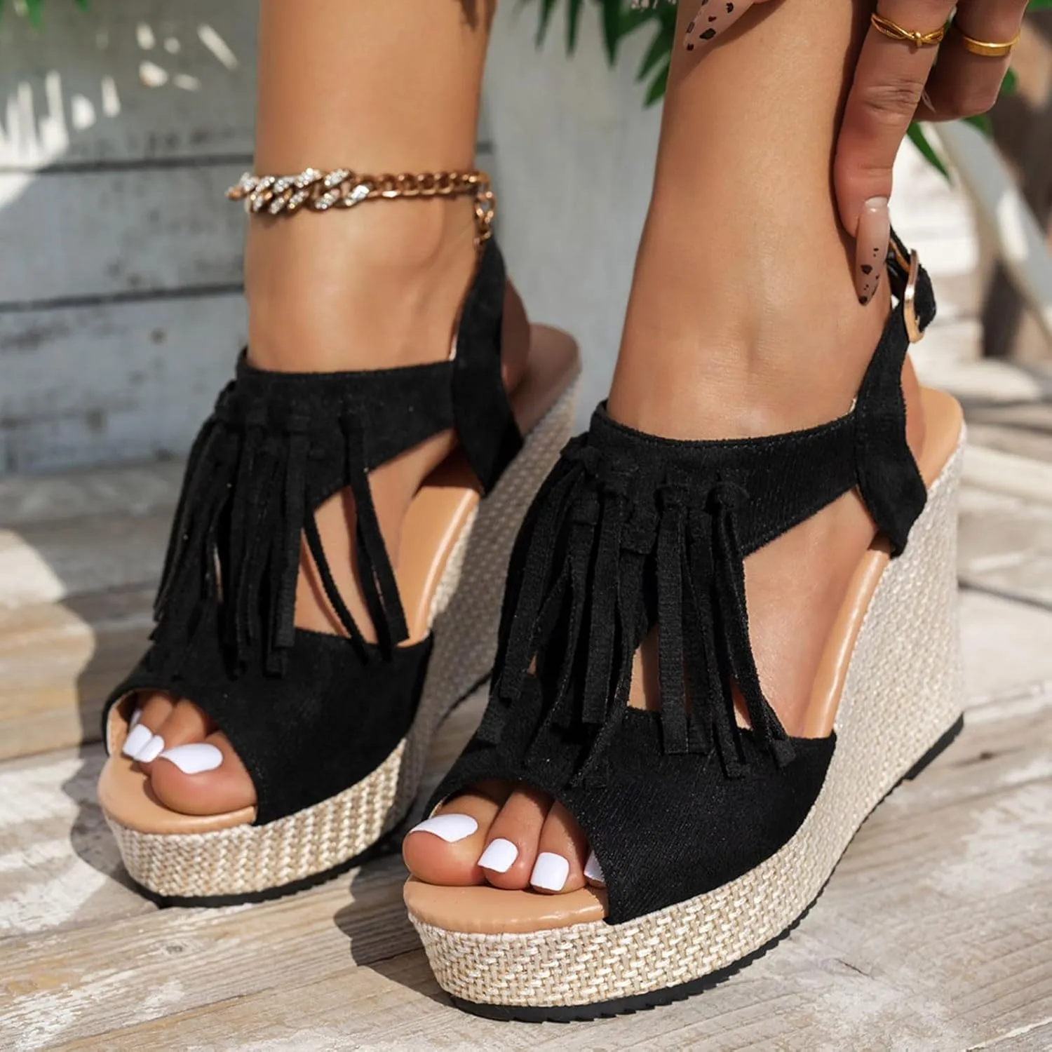 Sandals for Women 2025 Dressy Suede Tassel Wedge Sandals Women's Adjustable Back Strap High Heeled Wedges Heels