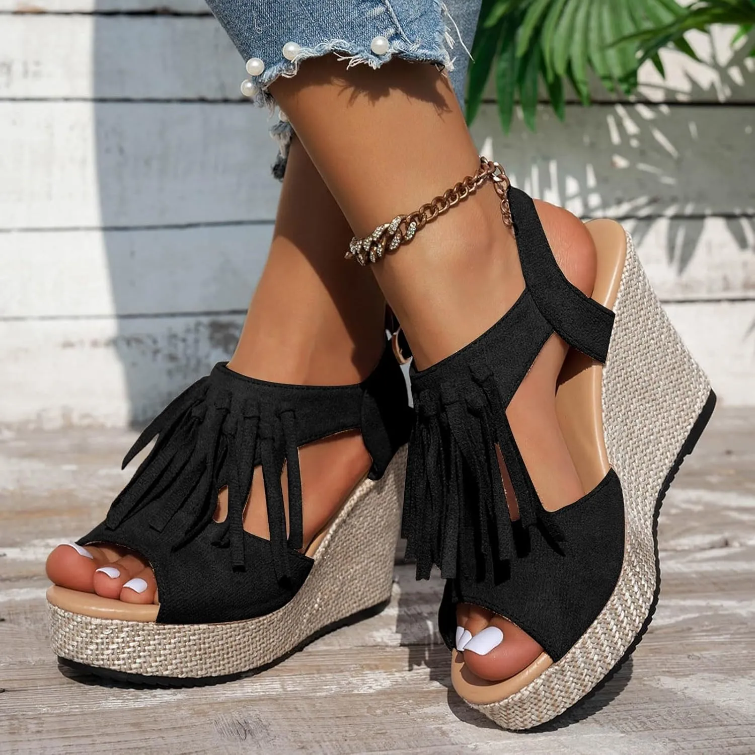 Sandals for Women 2025 Dressy Suede Tassel Wedge Sandals Women's Adjustable Back Strap High Heeled Wedges Heels