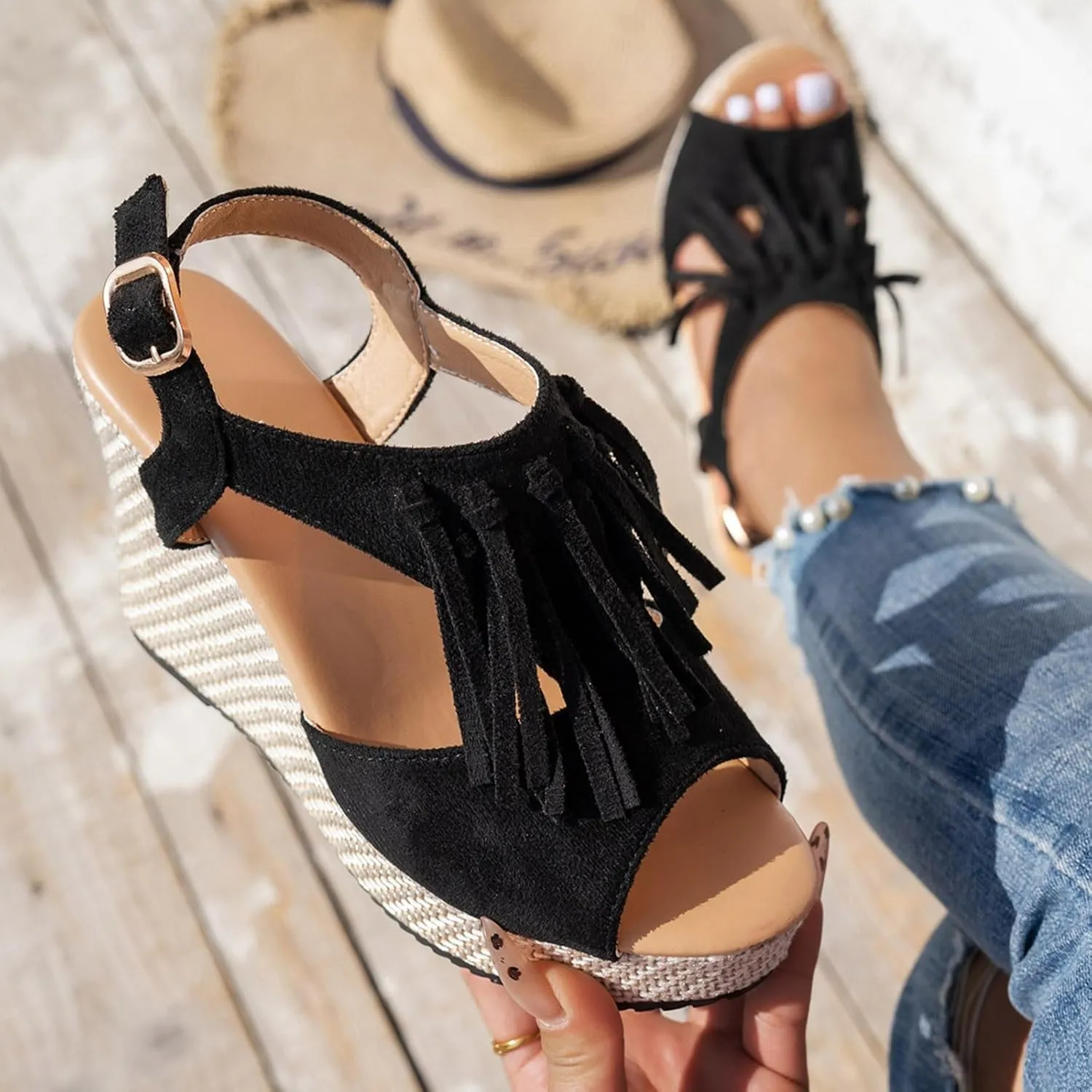 Sandals for Women 2025 Dressy Suede Tassel Wedge Sandals Women's Adjustable Back Strap High Heeled Wedges Heels