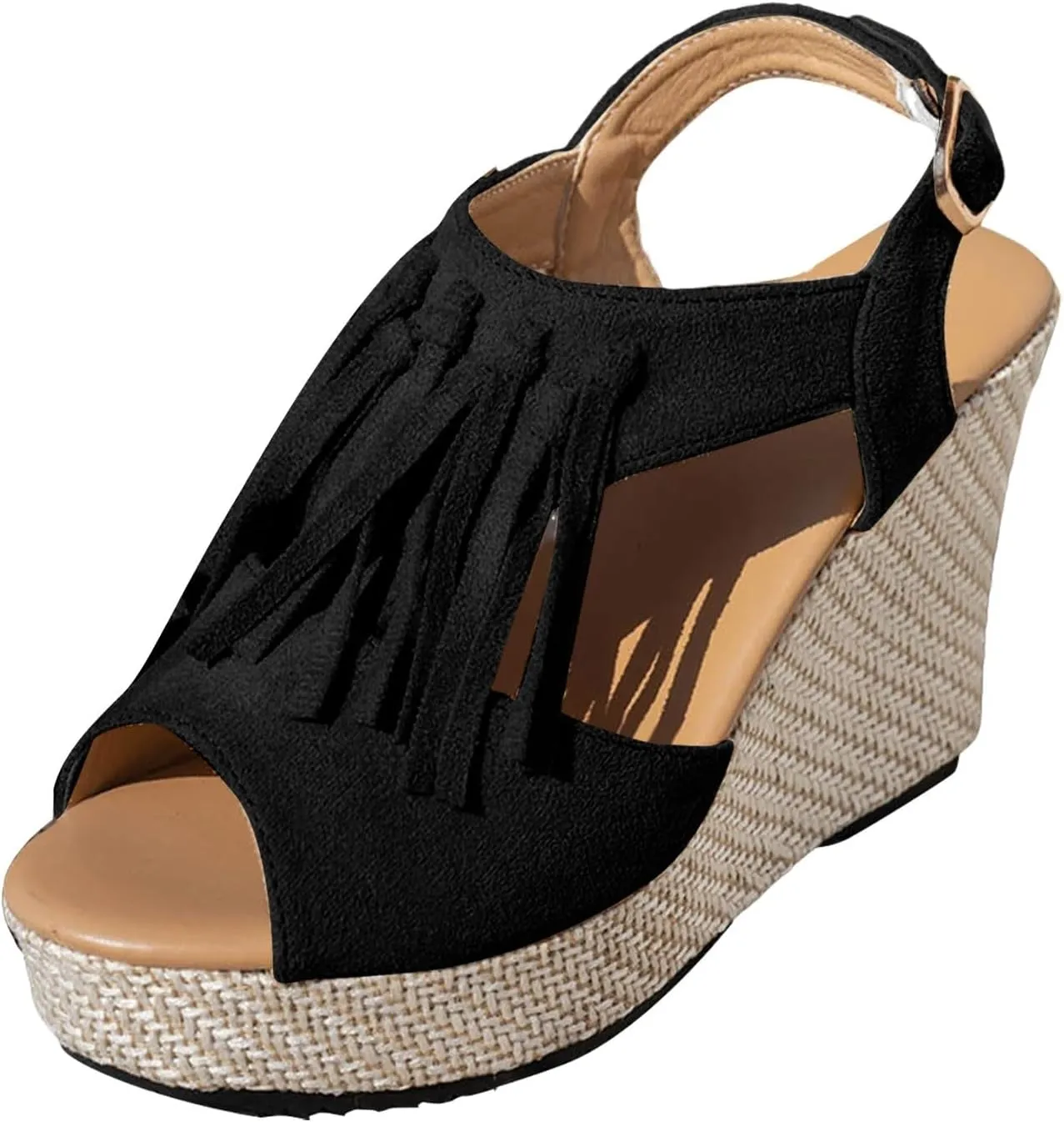 Sandals for Women 2025 Dressy Suede Tassel Wedge Sandals Women's Adjustable Back Strap High Heeled Wedges Heels