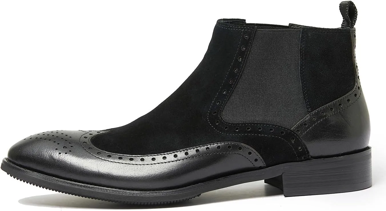 Santimon Mens Chelsea Dress Boots Leather Suede Wingtip Brogue Distinctive Slip on