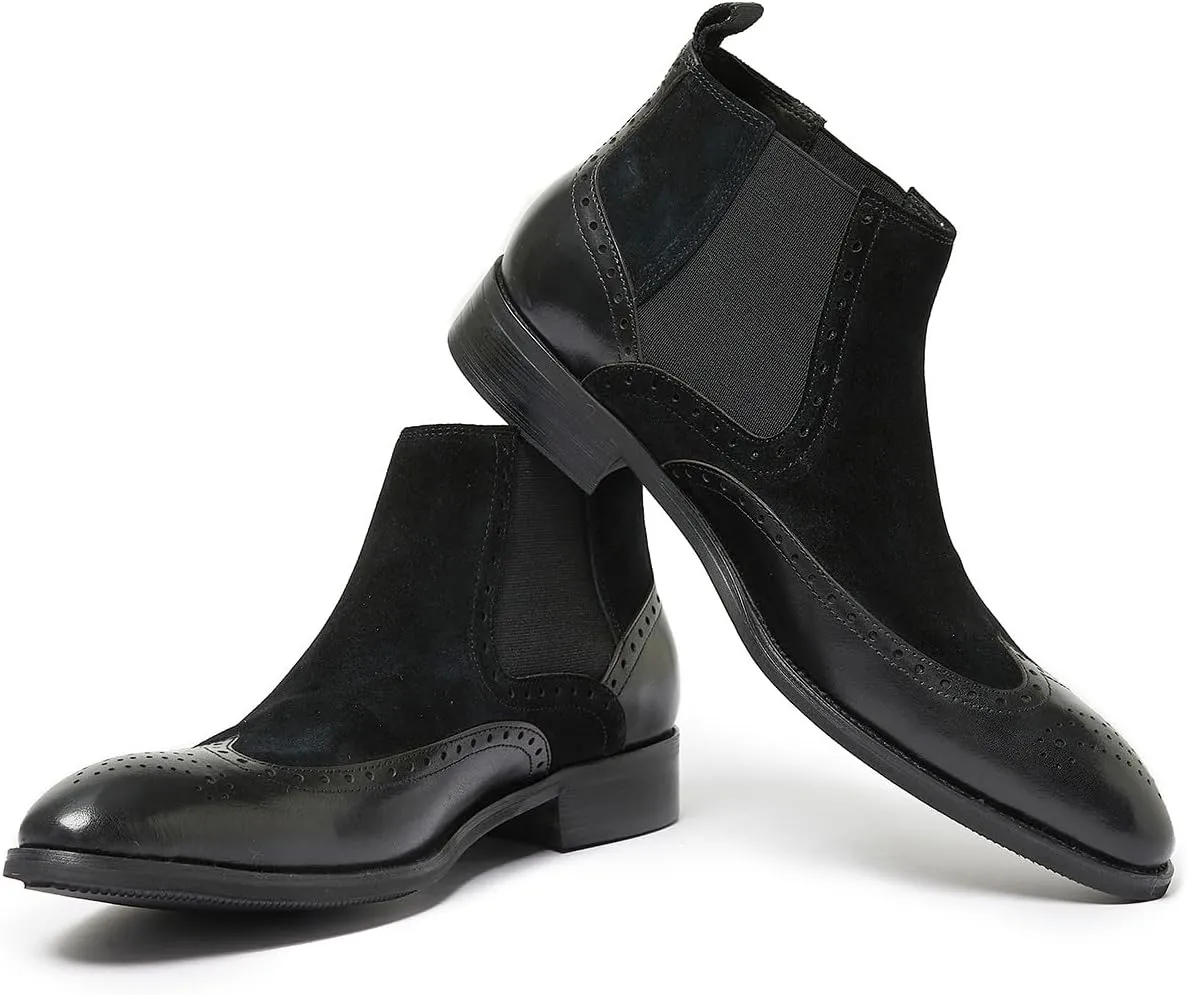 Santimon Mens Chelsea Dress Boots Leather Suede Wingtip Brogue Distinctive Slip on