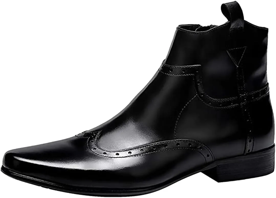 Santimon Men's Cowboy Boots Leather Wingtip Western Chelsea with Zipper