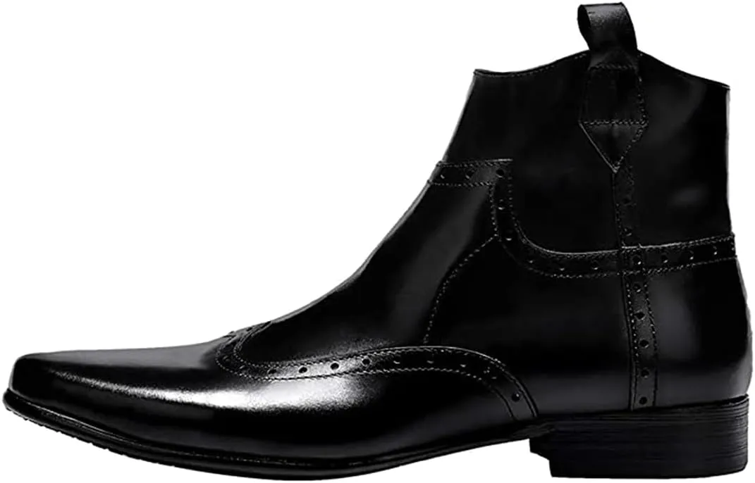 Santimon Men's Cowboy Boots Leather Wingtip Western Chelsea with Zipper