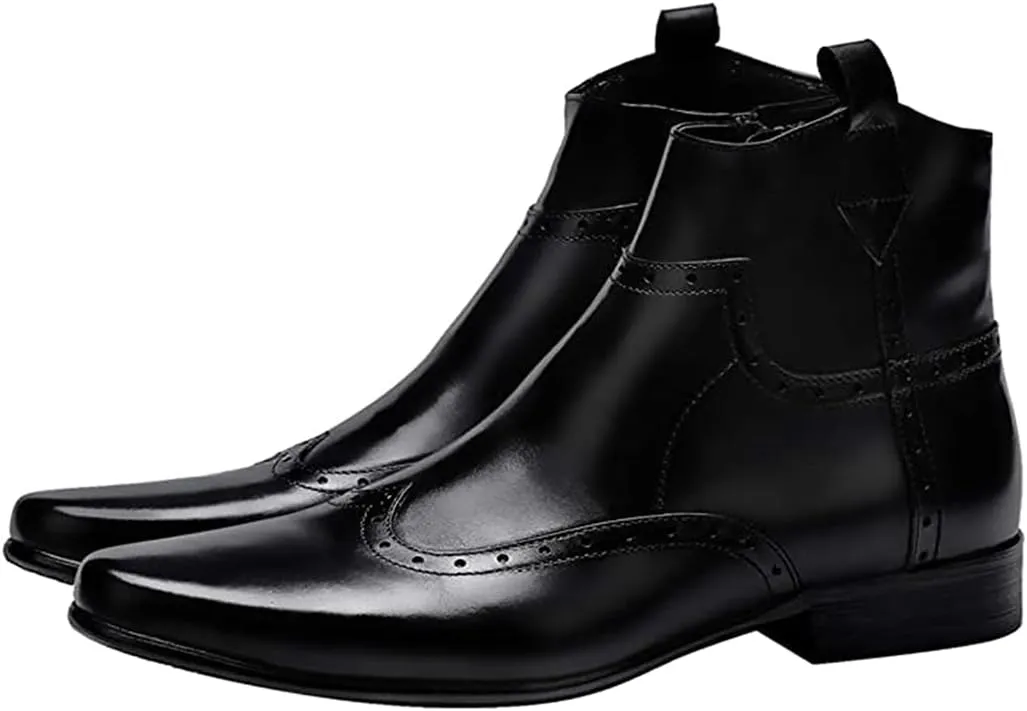Santimon Men's Cowboy Boots Leather Wingtip Western Chelsea with Zipper