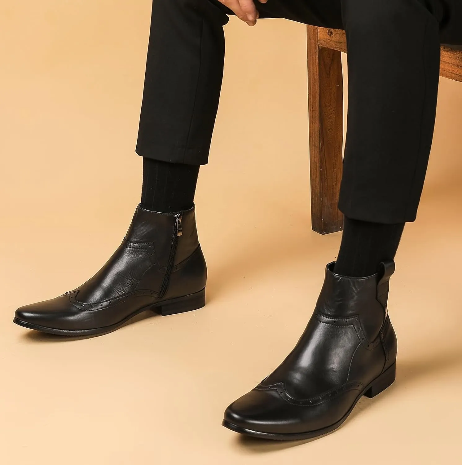 Santimon Men's Cowboy Boots Leather Wingtip Western Chelsea with Zipper