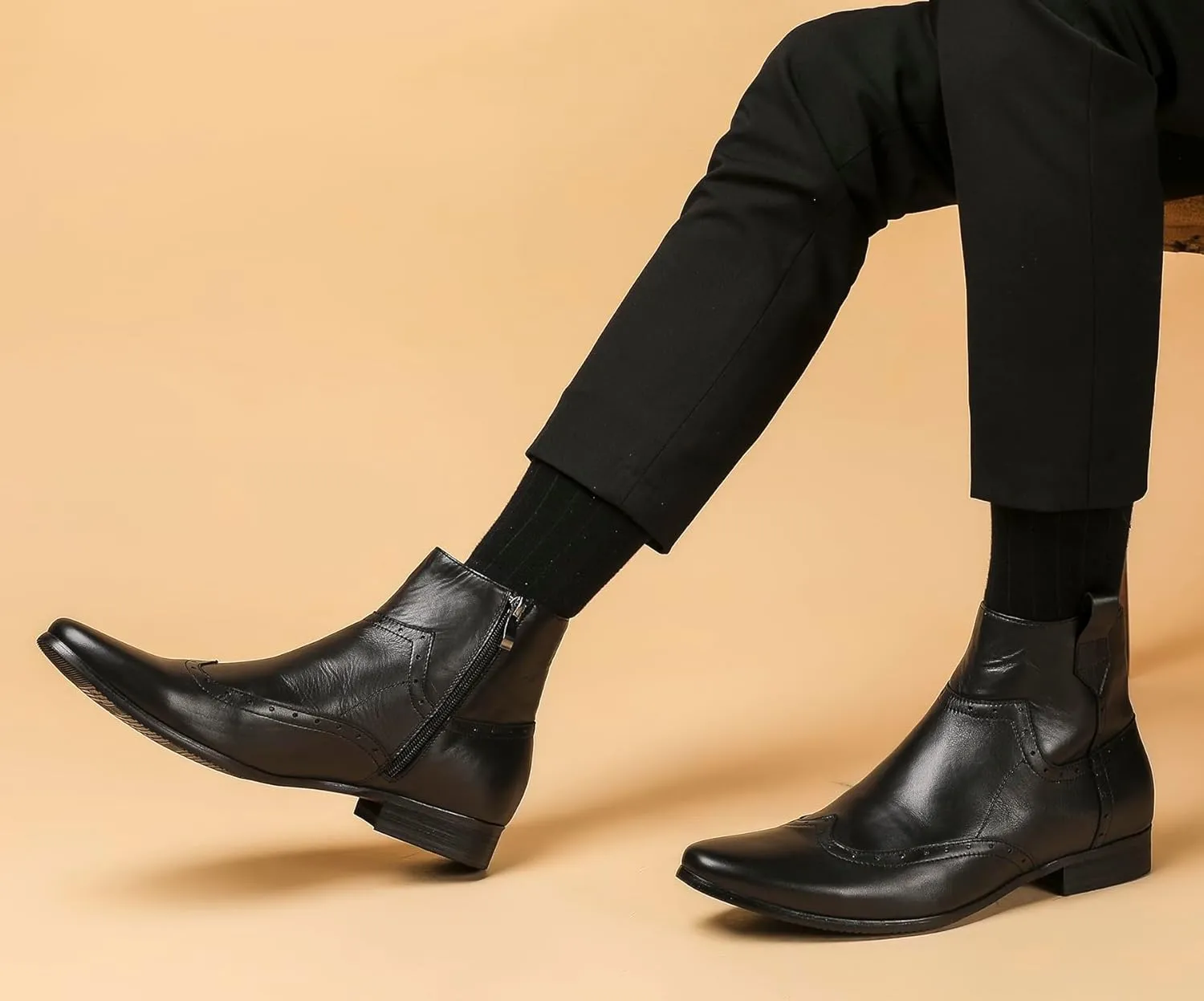 Santimon Men's Cowboy Boots Leather Wingtip Western Chelsea with Zipper