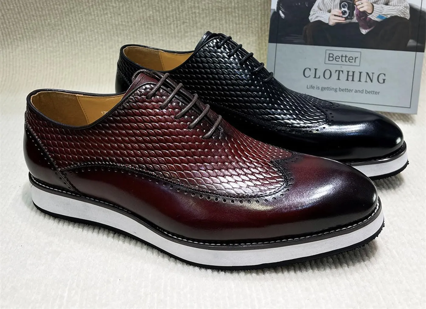 Santimon Men’s Dress Shoes Wingtip Oxford | Embossed Leather with Lightweight Cushioned Platform Sole | Business-Casual Footwear for Office, Wedding