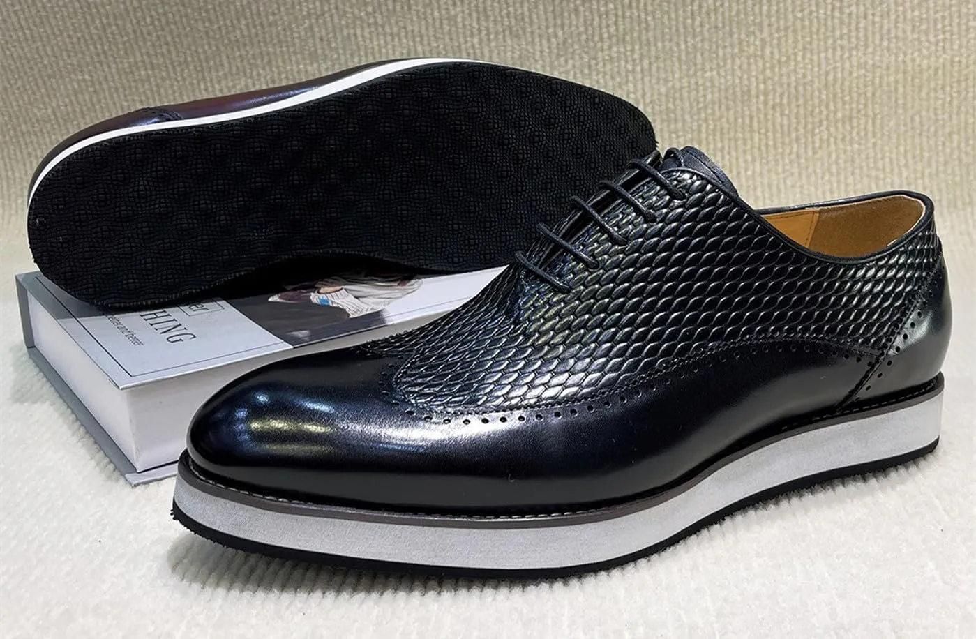 Santimon Men’s Dress Shoes Wingtip Oxford | Embossed Leather with Lightweight Cushioned Platform Sole | Business-Casual Footwear for Office, Wedding