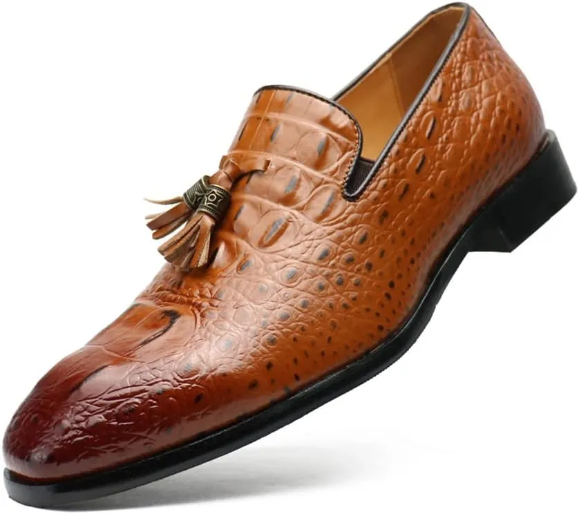 Santimon Mens Tassel Loafers Casual Classic Crocodile Effect Slip-On Wedding Party Prom Shoes