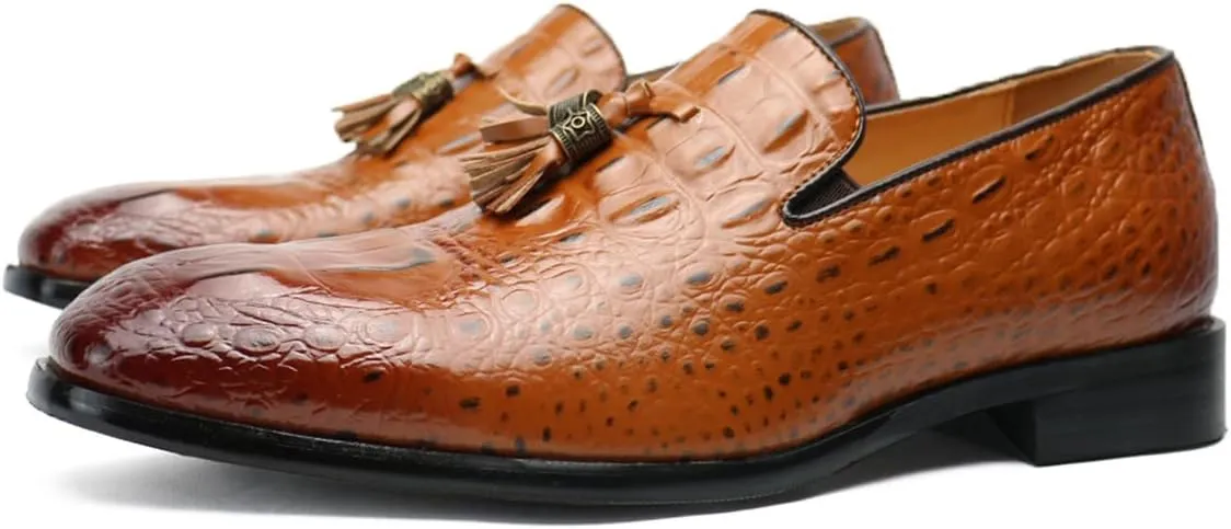 Santimon Mens Tassel Loafers Casual Classic Crocodile Effect Slip-On Wedding Party Prom Shoes