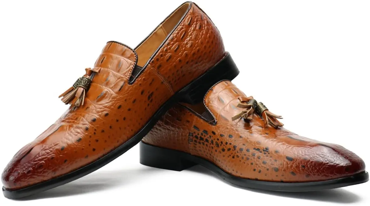 Santimon Mens Tassel Loafers Casual Classic Crocodile Effect Slip-On Wedding Party Prom Shoes