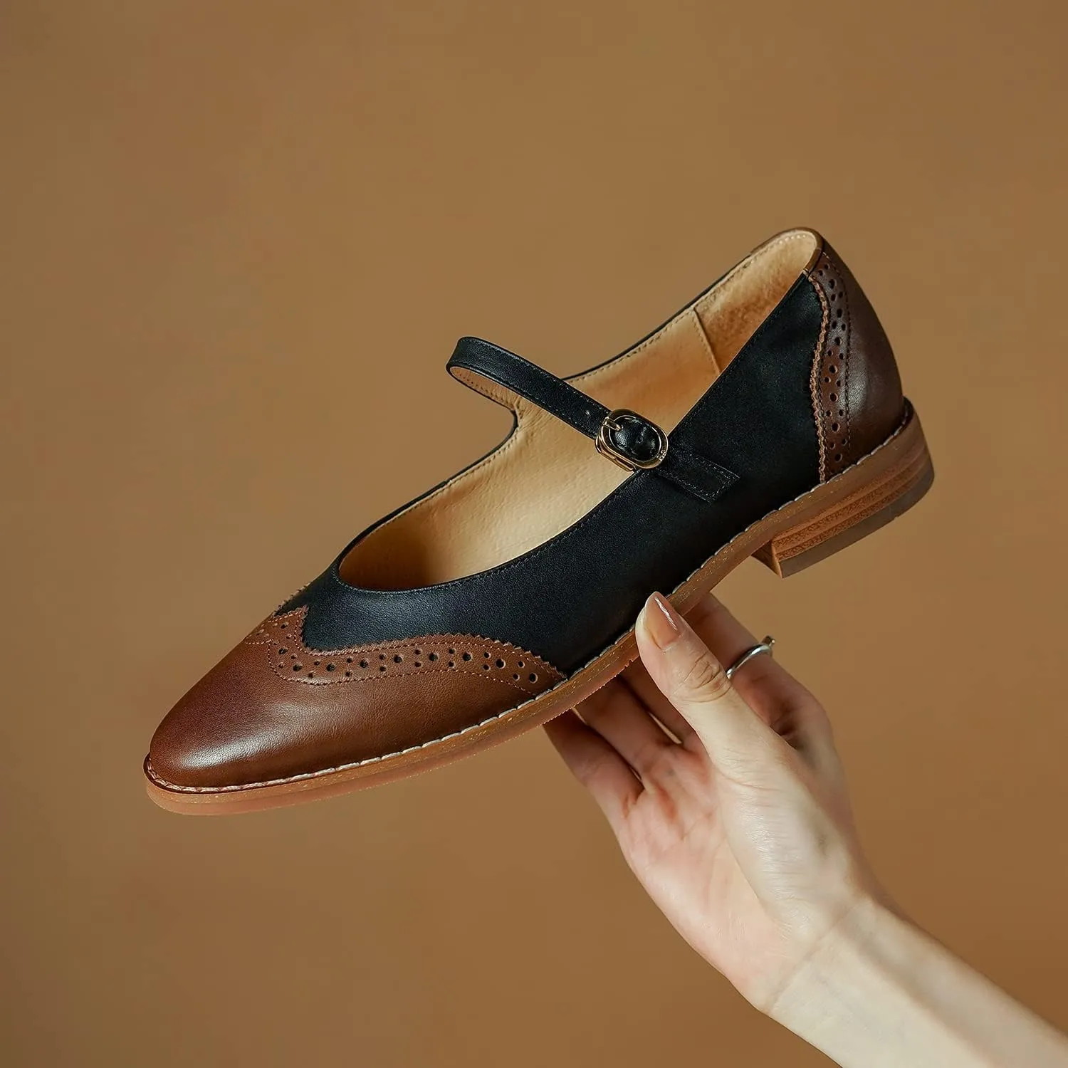SHODENSE Women Mary Jane Flats Round Toe Ankle Strap Flat Shoes Two Tone Wingtip Oxfords Mary Jane Perforated Retro 1 Flat Heel Dress Shoes Almond Toe Patchwork Comfy Driver Flats 4-11 M US