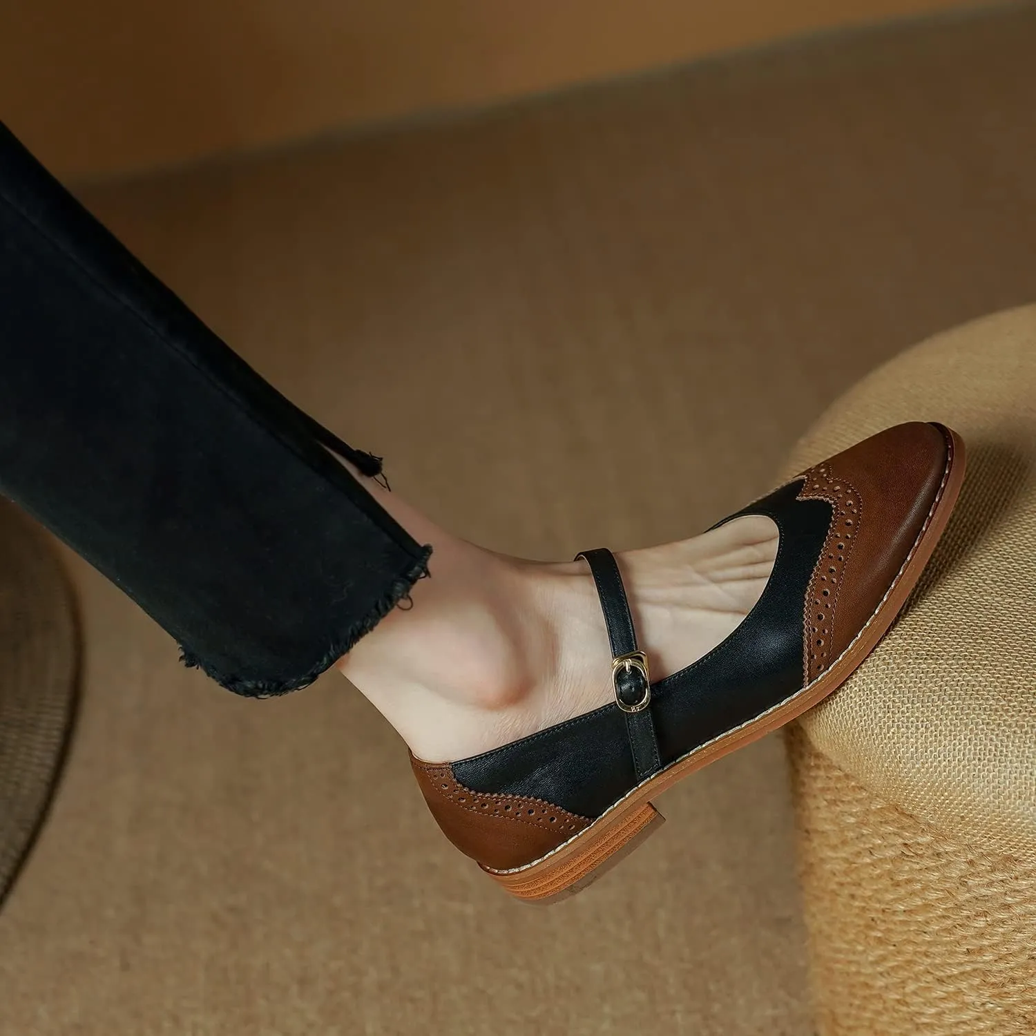 SHODENSE Women Mary Jane Flats Round Toe Ankle Strap Flat Shoes Two Tone Wingtip Oxfords Mary Jane Perforated Retro 1 Flat Heel Dress Shoes Almond Toe Patchwork Comfy Driver Flats 4-11 M US