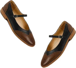 SHODENSE Women Mary Jane Flats Round Toe Ankle Strap Flat Shoes Two Tone Wingtip Oxfords Mary Jane Perforated Retro 1 Flat Heel Dress Shoes Almond Toe Patchwork Comfy Driver Flats 4-11 M US