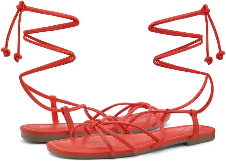 Shoe Land Flashh Women's Flat Strappy Lace Up Sandal Open Toe Comfortable Dressy Gladiator Sandals Tie up Ankle Strap Shoes for Summer