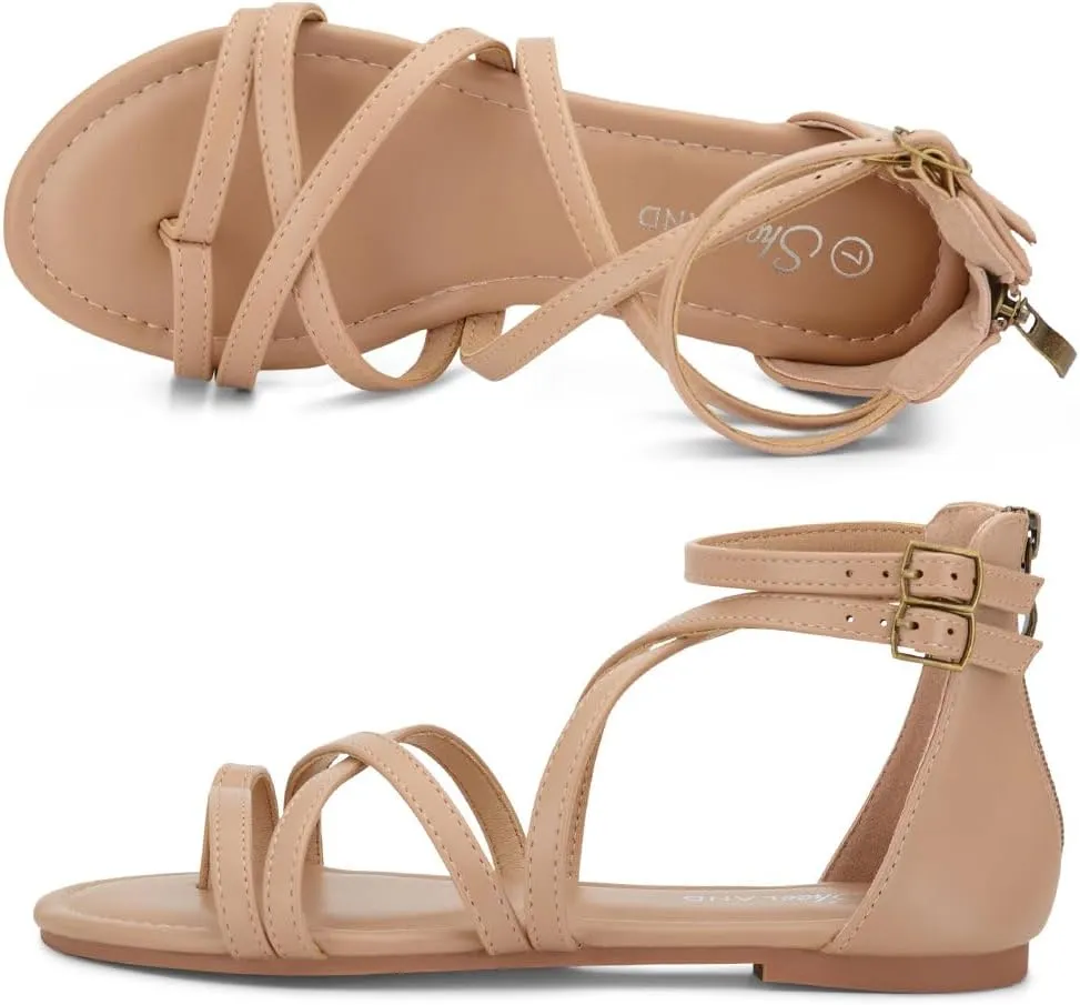 Shoe Land Flat Gladiator Sandals for Women 2025 – Fisherman Thong with Adjustable Ankle Strap & Back Zipper | Comfortable for Beach, Walking & Daily Wear