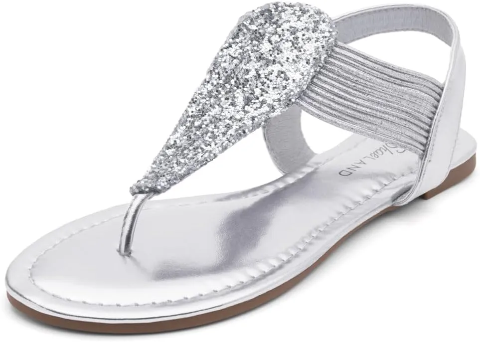Shoe Land Women's Flat Sandals - Fashion Thong & Gladiator Style with Elastic Strappy String Ankle Strap, Dressy Casual Comfortable Daily Wear, Trendy 2025, 2301Silver, Size 5.0, SL-Mona