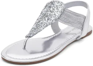 Shoe Land Women's Flat Sandals - Fashion Thong & Gladiator Style with Elastic Strappy String Ankle Strap, Dressy Casual Comfortable Daily Wear, Trendy 2025, 2301Silver, Size 5.0, SL-Mona