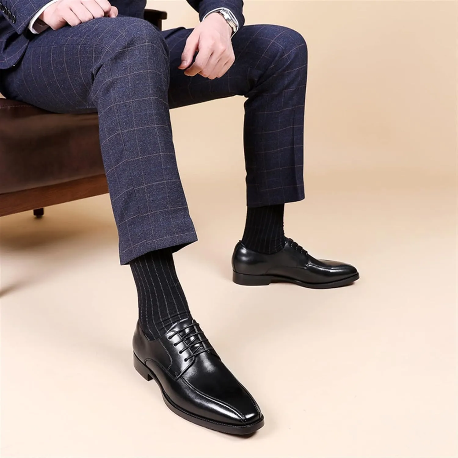 Single Season Oxford Dress Shoes for Men Lace Up Bike Toe Derby Shoes Vegan Leather Rubber Sole Block Heel Low Top Classic Very Popular Among Young People