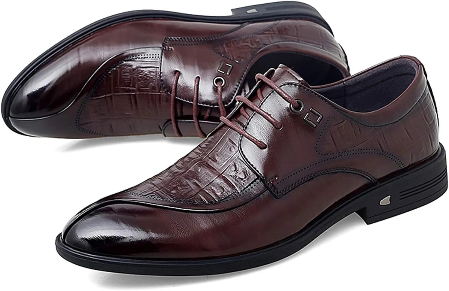 Single Season Oxford Formal Shoes for Men Lace Up Split Round Toe Crocodile Embossed Derby Shoes Vegan Leather Anti-Slip Low Top Block Heel Party Very Popular Among Young People